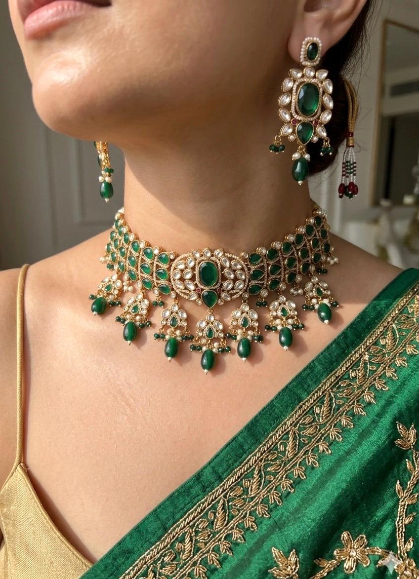 IVARA Emerald green kundan choker necklace set,Indian Pakistani green colour wedding bridal and festive jewelery