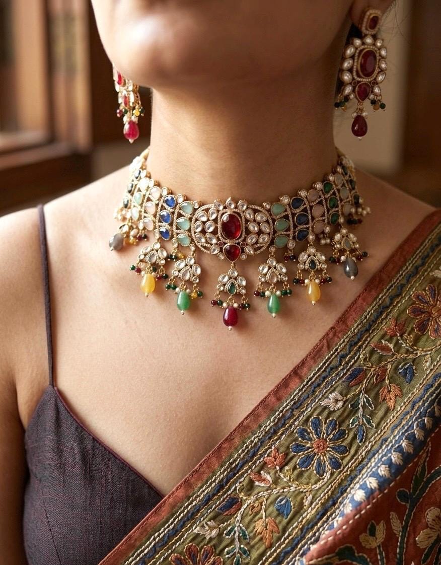 IVARA Multicoloured kundan choker necklace set,Indian Pakistani Navratna wedding bridal and festive jewelery