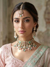 MAAHI Pink mint kundan choker necklace set with maangtika, Indian Pakistani pink mint colour wedding bridal and festive jewelery