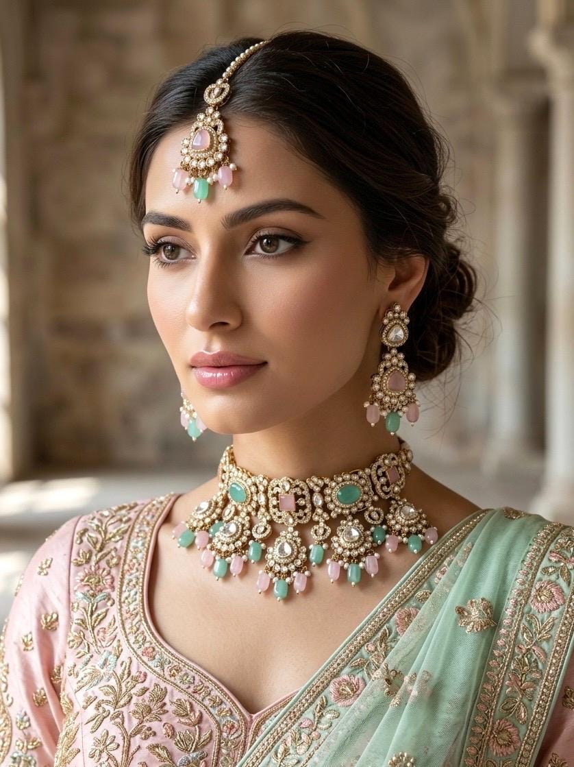 MAAHI Pink mint kundan choker necklace set with maangtika, Indian Pakistani pink mint colour wedding bridal and festive jewelery