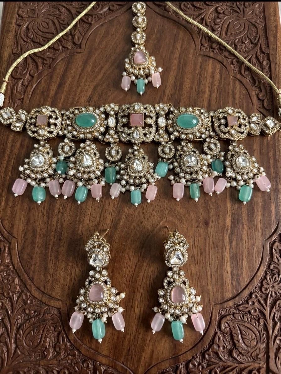 MAAHI Pink mint kundan choker necklace set with maangtika, Indian Pakistani pink mint colour wedding bridal and festive jewelery