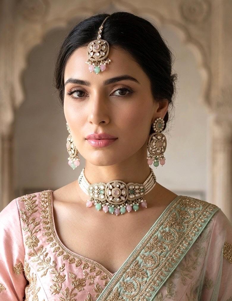 PRISHA Mint pink choker set with maangtika in antique golden polish,Indian Pakistani kundan and moissanite replica festive jewelry