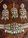 PRISHA Mint pink choker set with maangtika in antique golden polish,Indian Pakistani kundan and moissanite replica festive jewelry