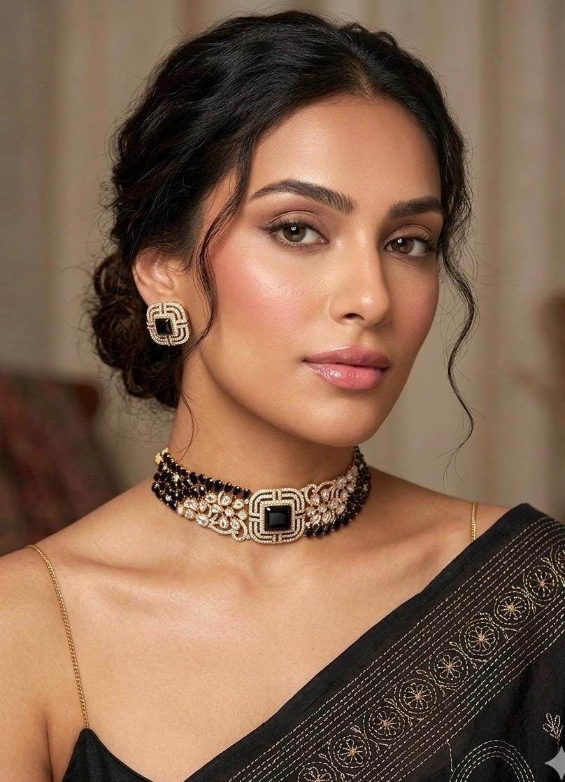 SHAZA Black Victorian style  kundan choker set,cz Indian Pakistani black colour wedding and festive jewelry