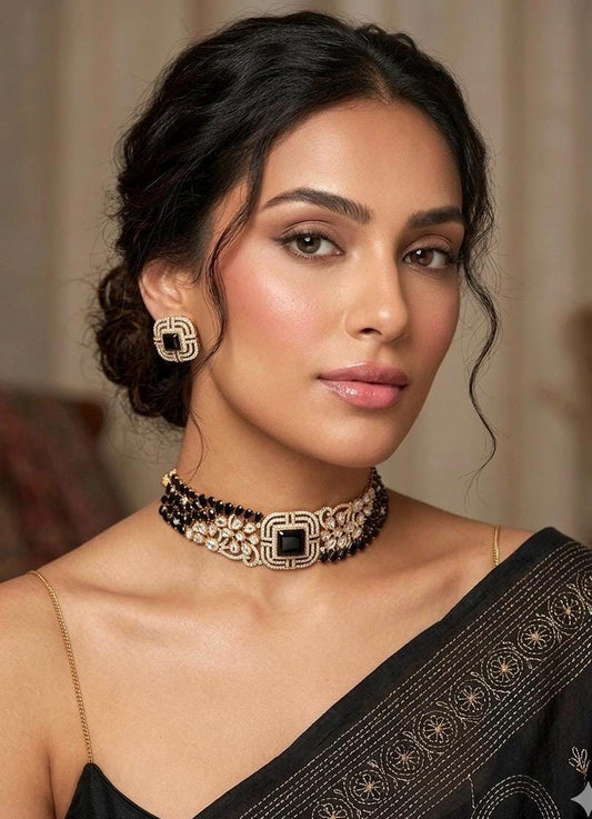 SHAZA Black Victorian style  kundan choker set,cz Indian Pakistani black colour wedding and festive jewelry