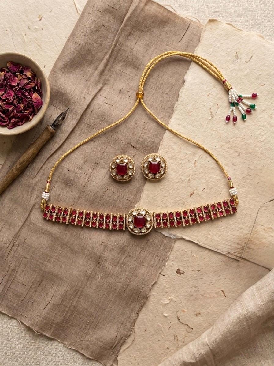 KAYNA Ruby red kundan choker necklace set,Indian Pakistani red colour wedding bridal and festive jewelery