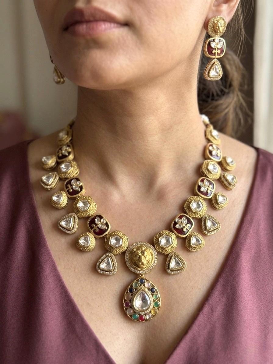 SHIVKA Sabyasachi inspired Red Victorian style kundan necklace set,Indian Bridal jewelry, cz kundan Victorian golden polish