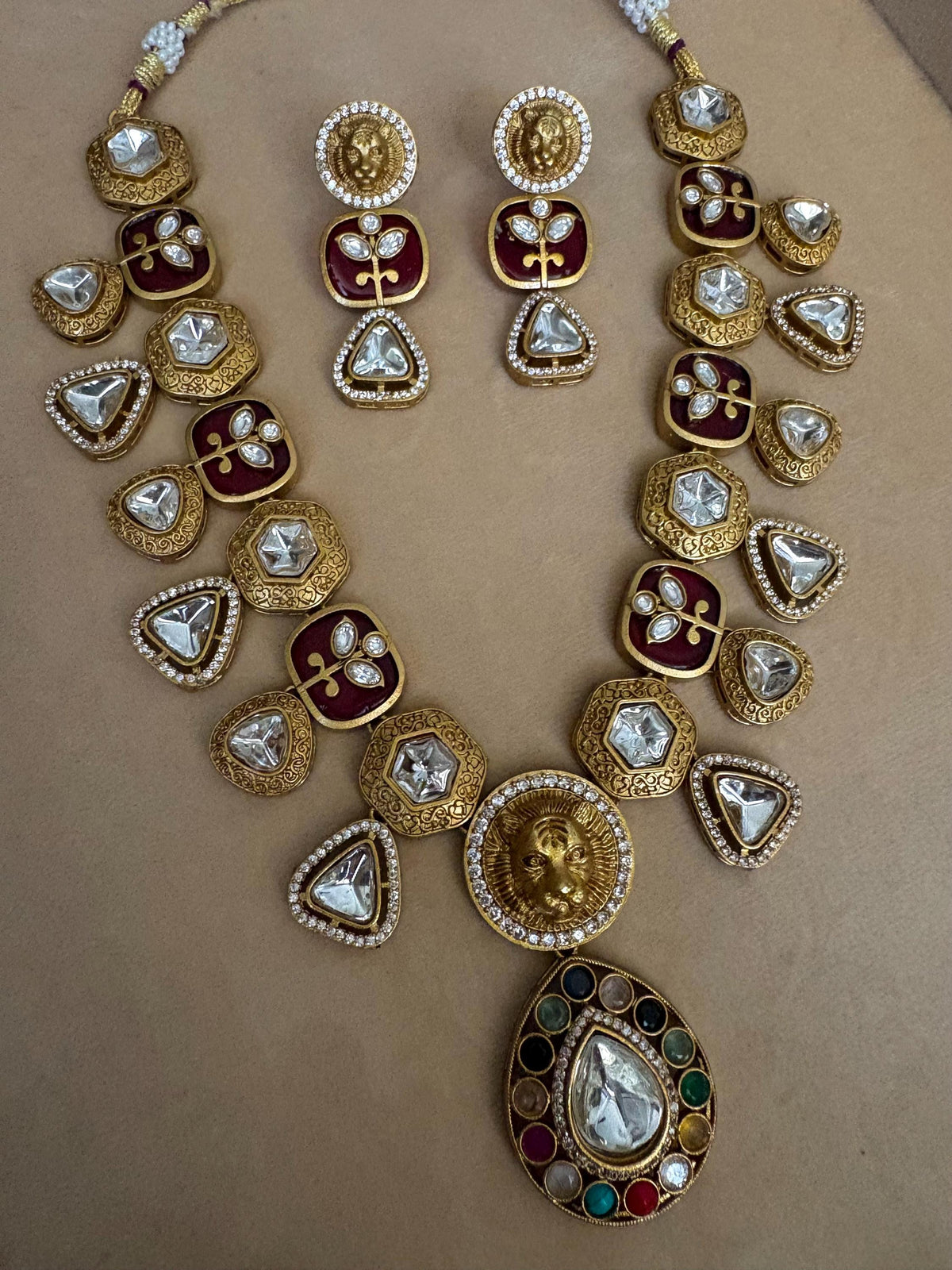 SHIVKA Sabyasachi inspired Red Victorian style kundan necklace set,Indian Bridal jewelry, cz kundan Victorian golden polish
