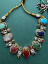 AZA Sabyasachi inspired multicoloured cabochon natural gemstones necklace with studs, Indian traditional Navratna style jewelry,