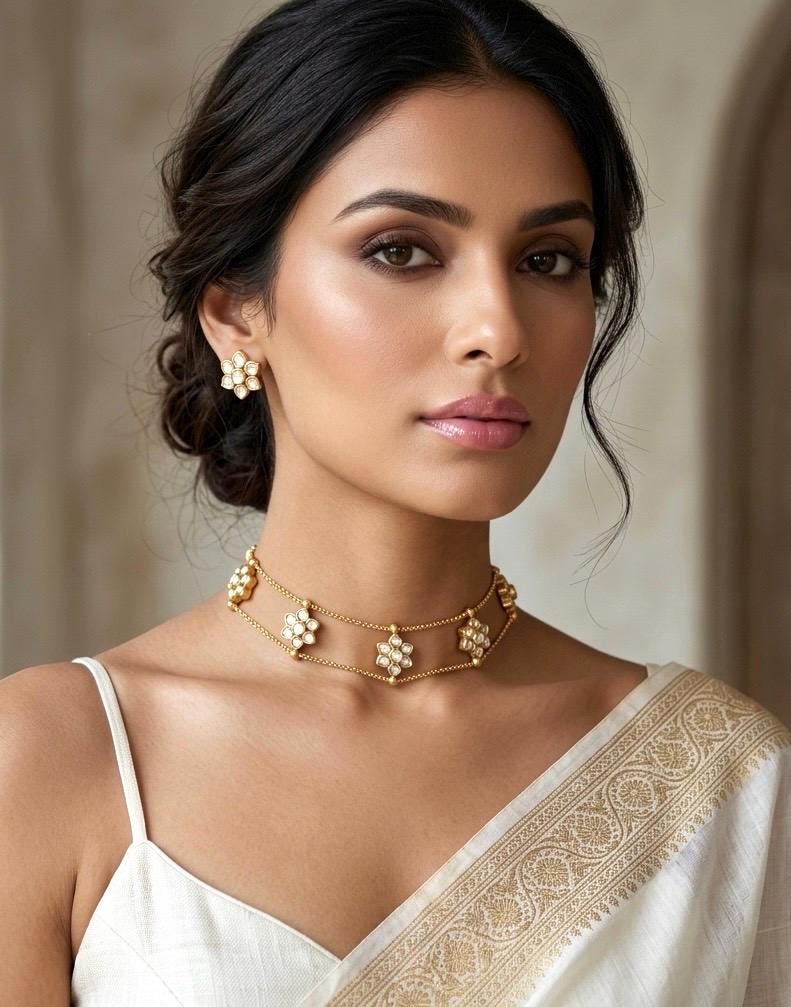 NOORIE clear stones Premium quality kundan and polki choker necklace with studs, Matt gold finish Indian ethnic jewelry