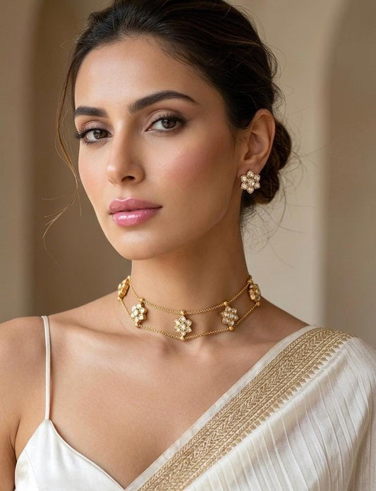 NOORIE clear stones Premium quality kundan and polki choker necklace with studs, Matt gold finish Indian ethnic jewelry