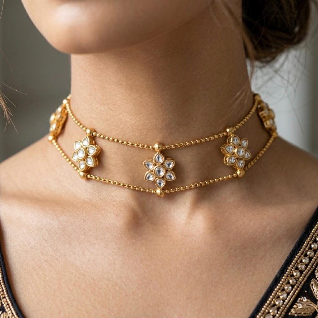 NOORIE clear stones Premium quality kundan and polki choker necklace with studs, Matt gold finish Indian ethnic jewelry