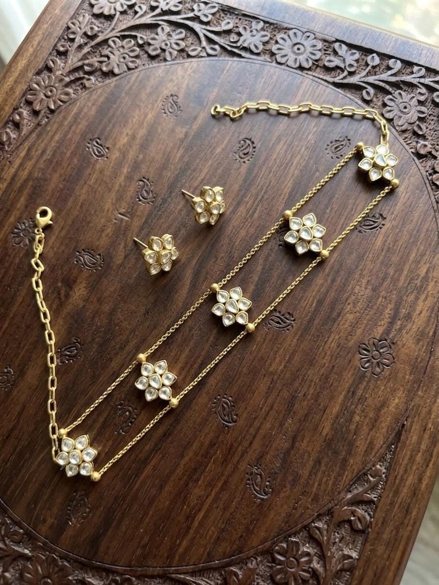 NOORIE clear stones Premium quality kundan and polki choker necklace with studs, Matt gold finish Indian ethnic jewelry