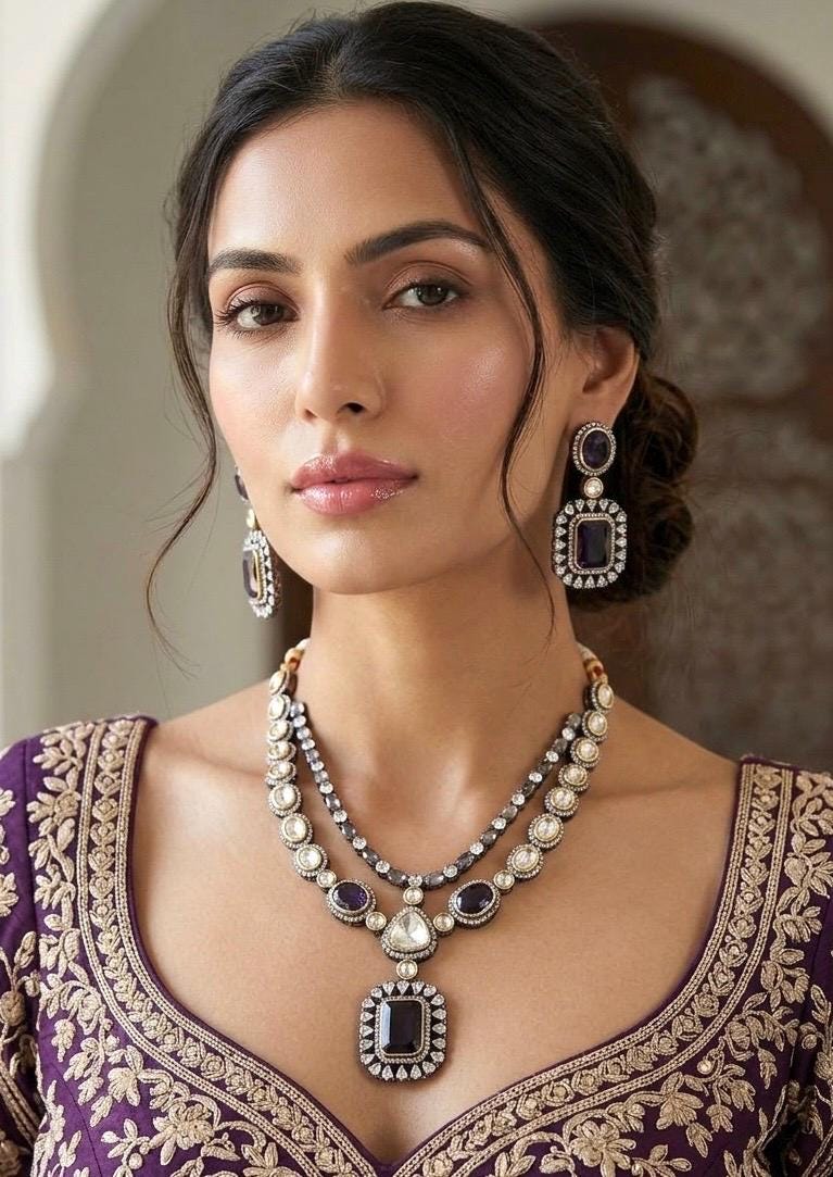 PAVITRA Purple necklace set in Doublet Stones,Victorian look Uncut Polki Indian Kundan Wedding Jewelry, Sabyasachi Jewellery in purple