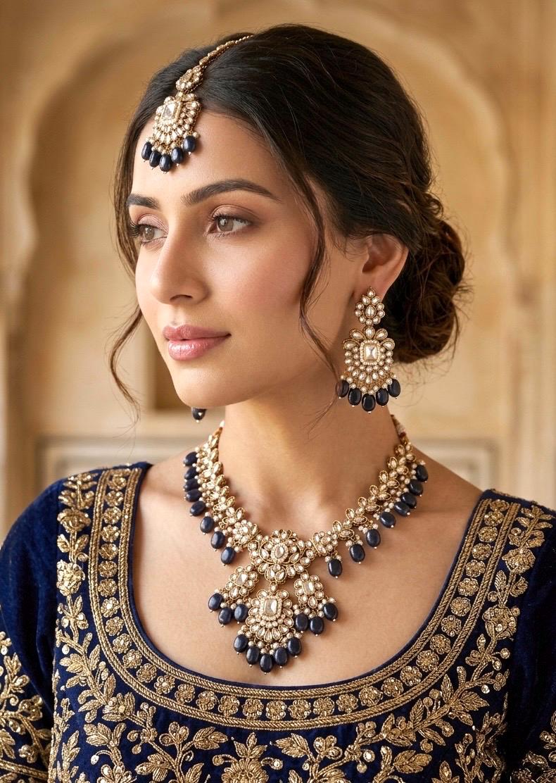 SURVEEN Navy blue Kundan necklace set with Maangtika, Indian Pakistani traditional wedding bridal jewelry