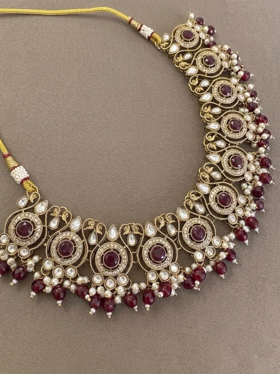 ZAKIRA Deep Ruby cz kundan and moissanite replica Necklace set with maangtika , Indian Pakistani wedding bridal jewelry