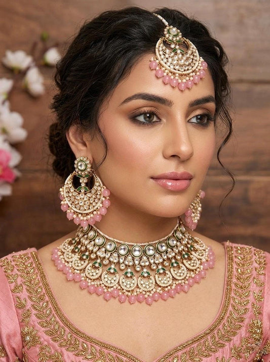 RINAISHA rose pink Kundan necklace set wedding jewelry pakistani set bollywood jewelry punjabi indian kundan set earrings maangtika
