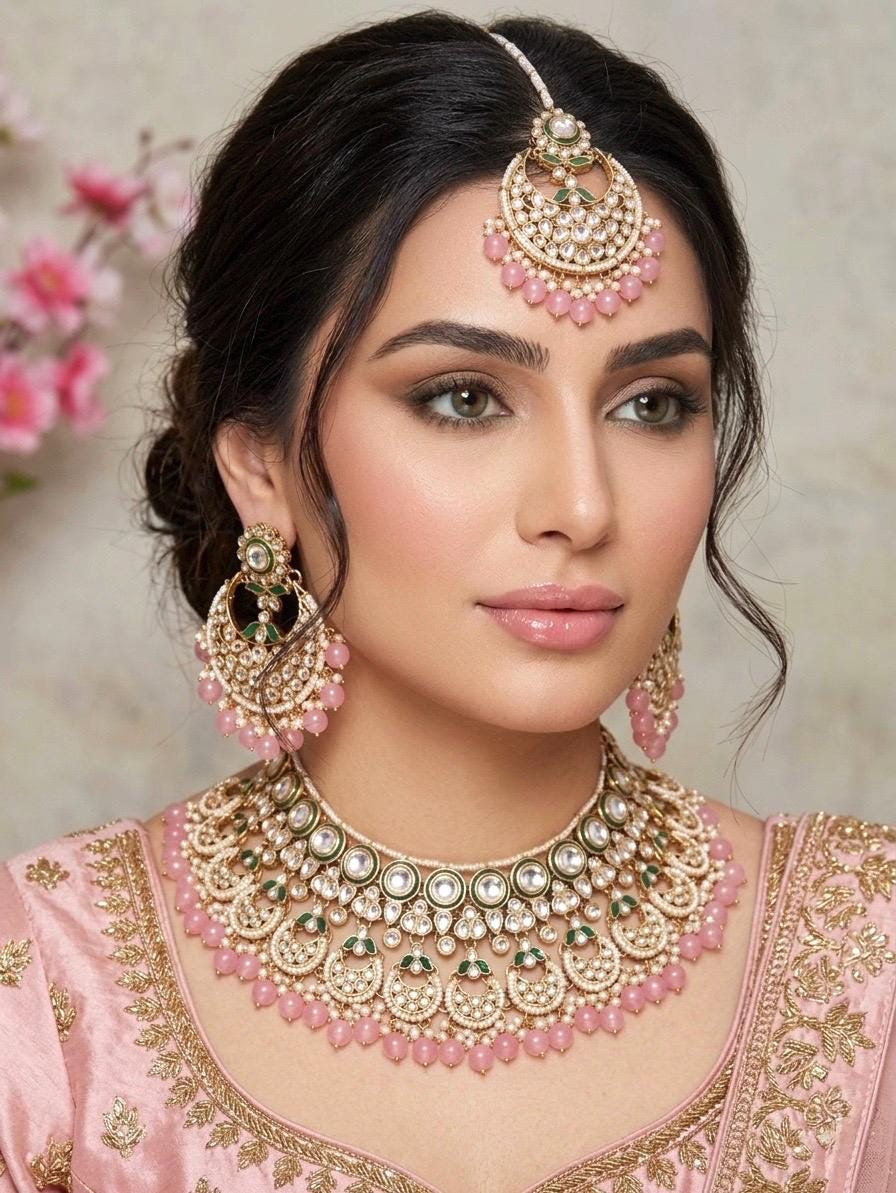 RINAISHA rose pink Kundan necklace set wedding jewelry pakistani set bollywood jewelry punjabi indian kundan set earrings maangtika