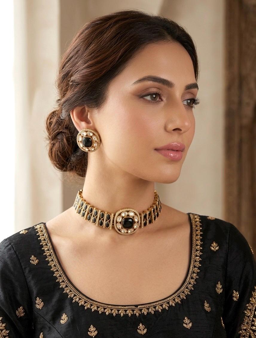 KAYNA black kundan choker necklace set with matching studs ,Indian Pakistani black colour traditional and festive jewelery