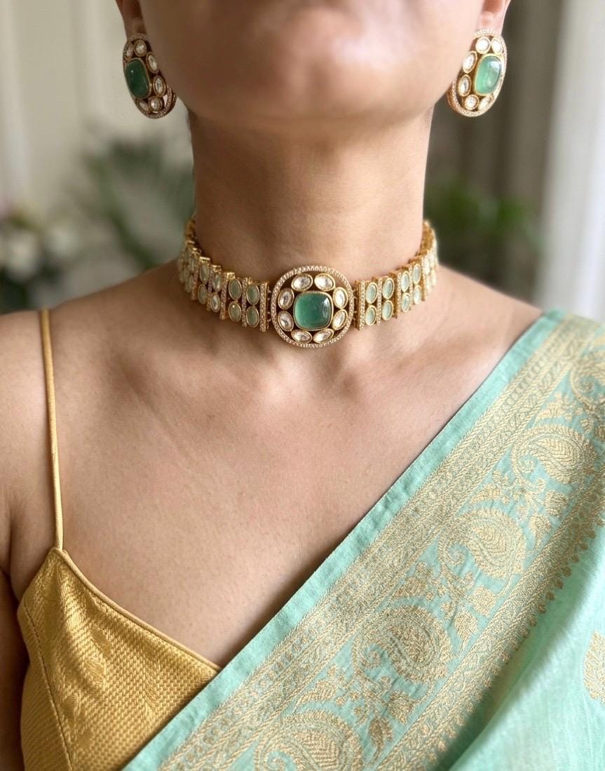 KAYNA Mint kundan choker necklace set with matching earrings ,Indian Pakistani mint colour wedding and festive jewelery