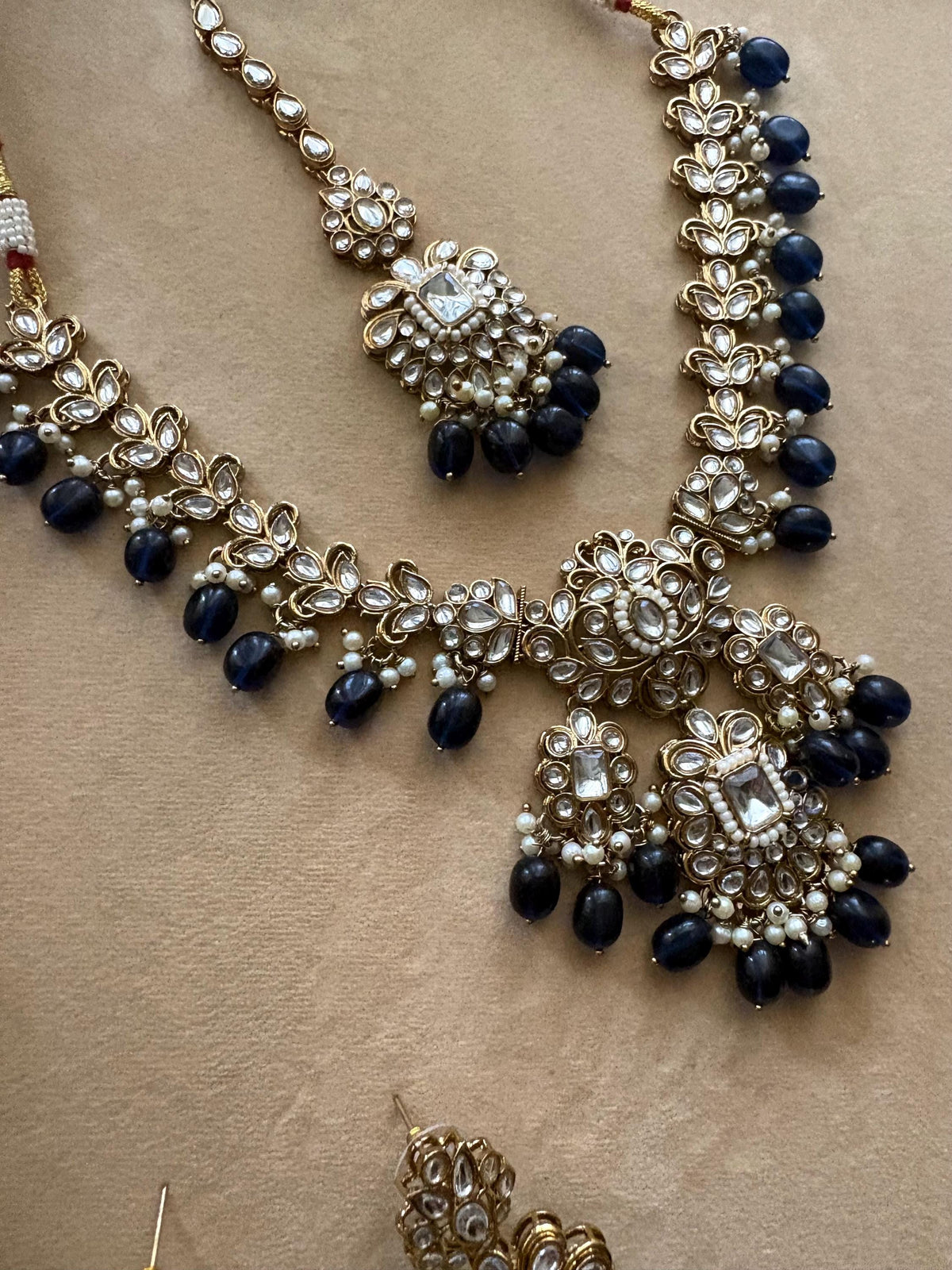 SURVEEN Navy blue Kundan necklace set with Maangtika, Indian Pakistani traditional wedding bridal jewelry