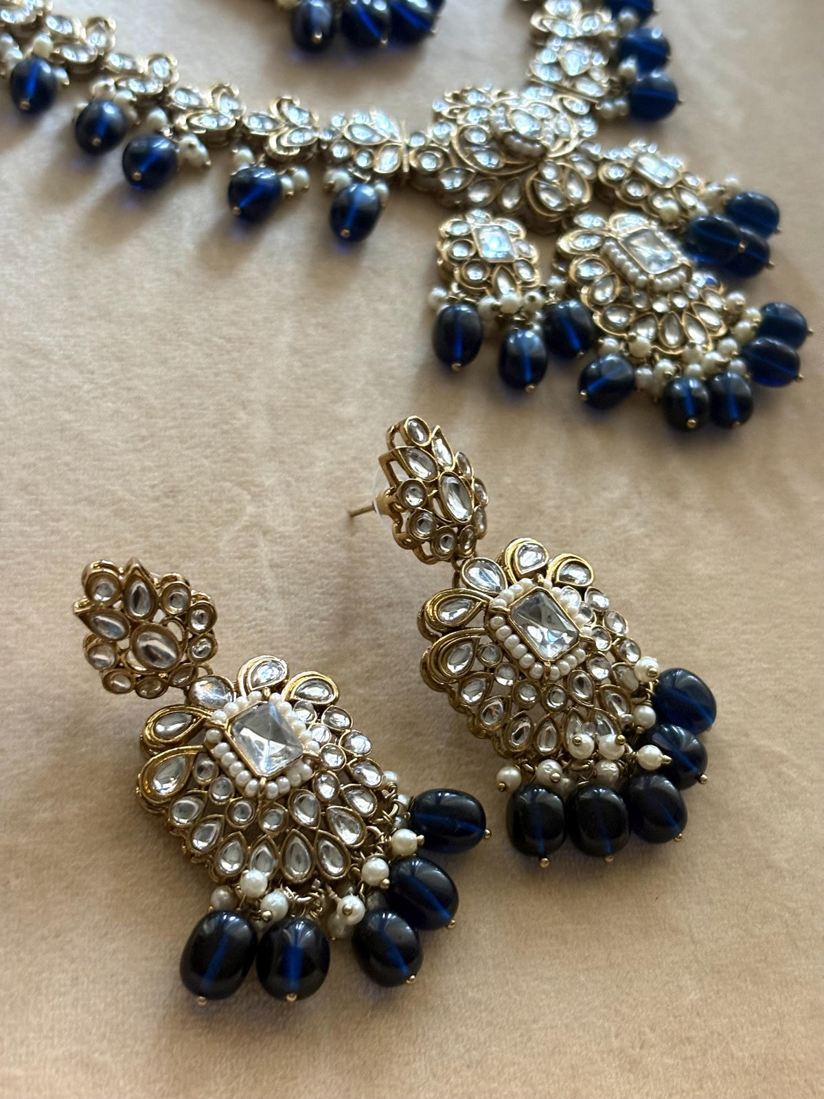 SURVEEN Navy blue Kundan necklace set with Maangtika, Indian Pakistani traditional wedding bridal jewelry