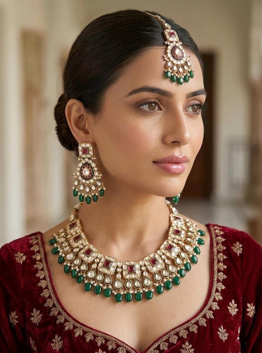ZIYANA Ruby green necklace set in high quality kundan,Indian Pakistani wedding bridal jewellery, Maangtika included