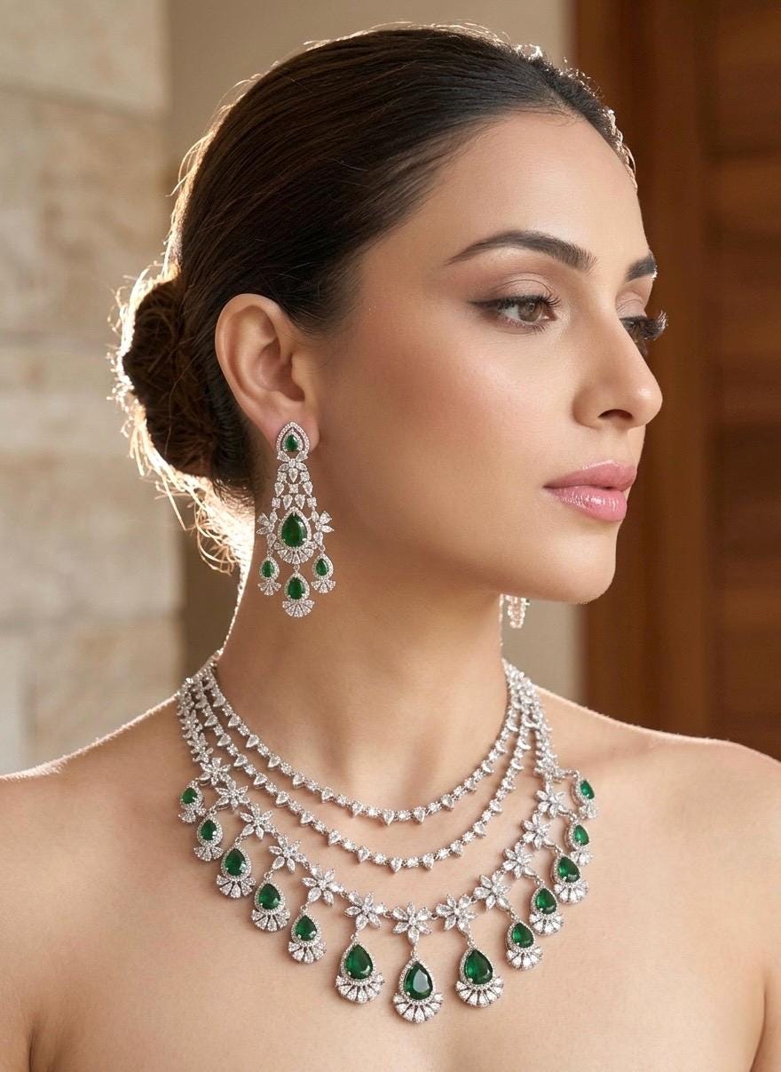 FREYA multilayered Green cz jewelry American Diamond High Quality necklace Choker set bridal wedding jewelry, Emerald green choker necklace