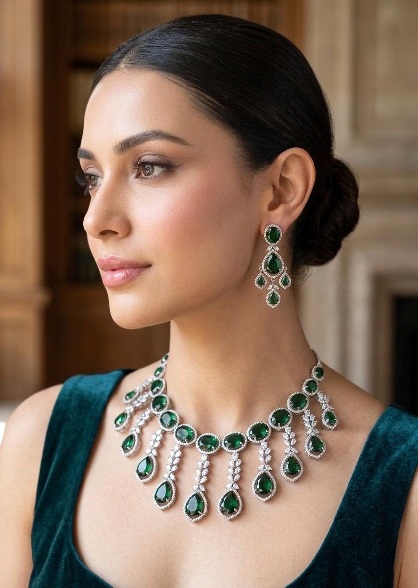 TANAAZ High quality Emerald green necklace earrings, real diamond look cz zircon prom  jewelry, green and silver polish wedding necklace set