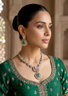 SNEHA Emerald Green and Pink Necklace and earrings set in Victorian polish,Indian Pakistani traditional kundan jewelry