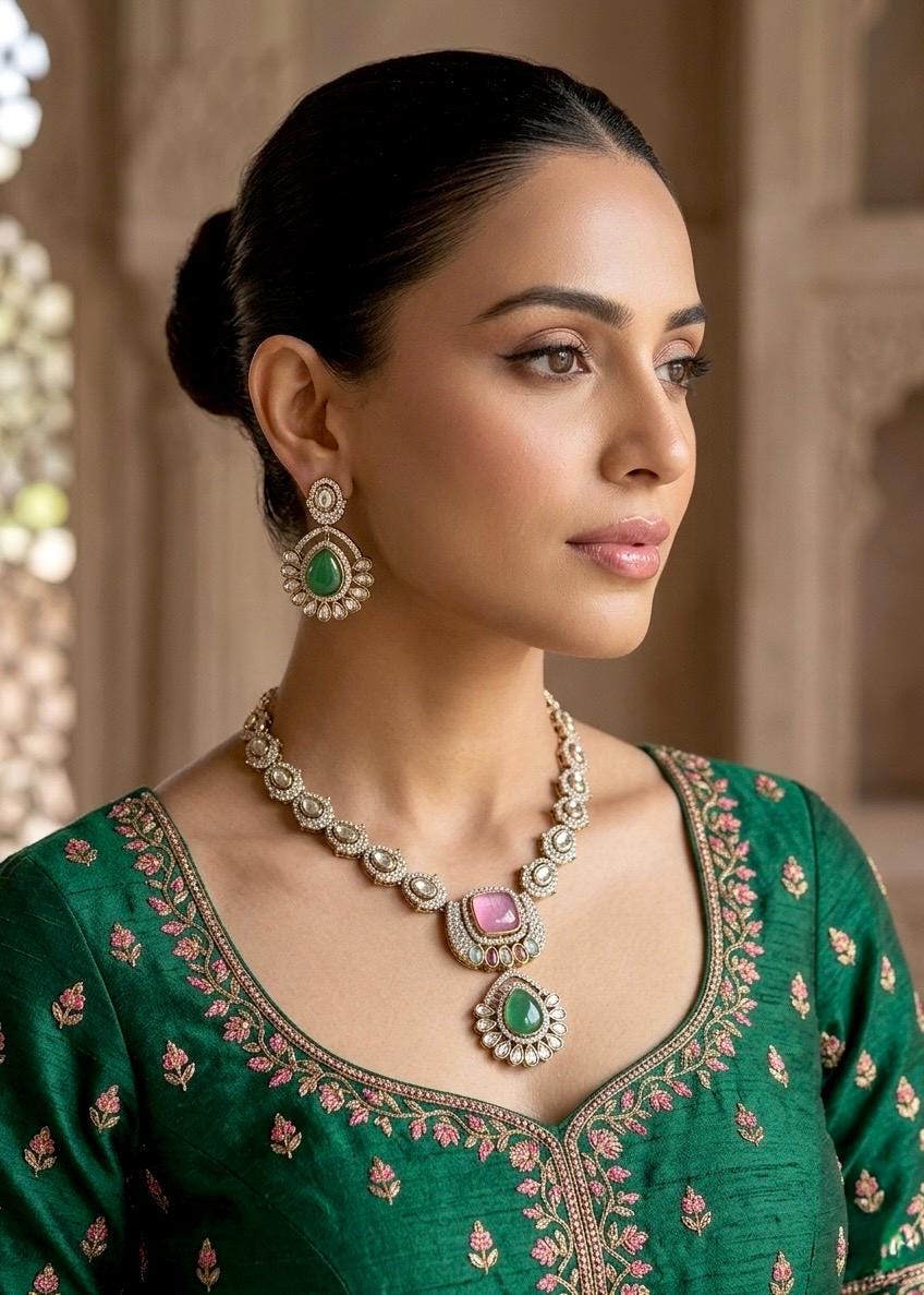 SNEHA Emerald Green and Pink Necklace and earrings set in Victorian polish,Indian Pakistani traditional kundan jewelry