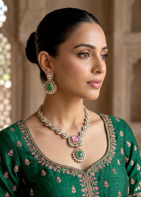 SNEHA Emerald Green and Pink Necklace and earrings set in Victorian polish,Indian Pakistani traditional kundan jewelry