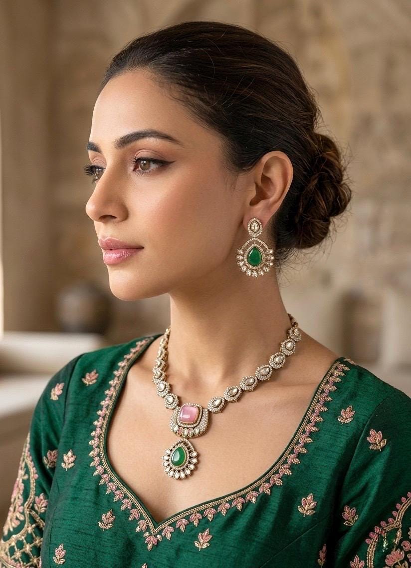 SNEHA Emerald Green and Pink Necklace and earrings set in Victorian polish,Indian Pakistani traditional kundan jewelry