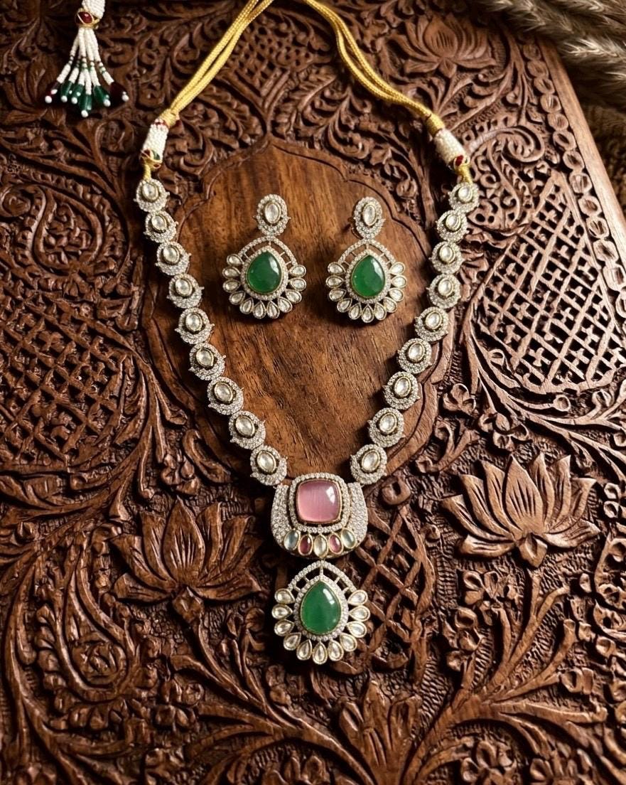 SNEHA Emerald Green and Pink Necklace and earrings set in Victorian polish,Indian Pakistani traditional kundan jewelry