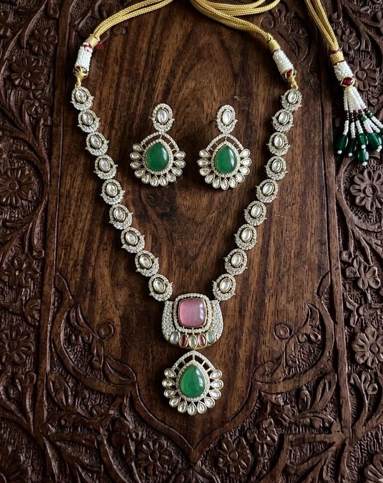 SNEHA Emerald Green and Pink Necklace and earrings set in Victorian polish,Indian Pakistani traditional kundan jewelry