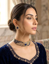 SHAZA navy blue kundan choker set in matt gold polish ,cz Indian Pakistani wedding and festive jewelry
