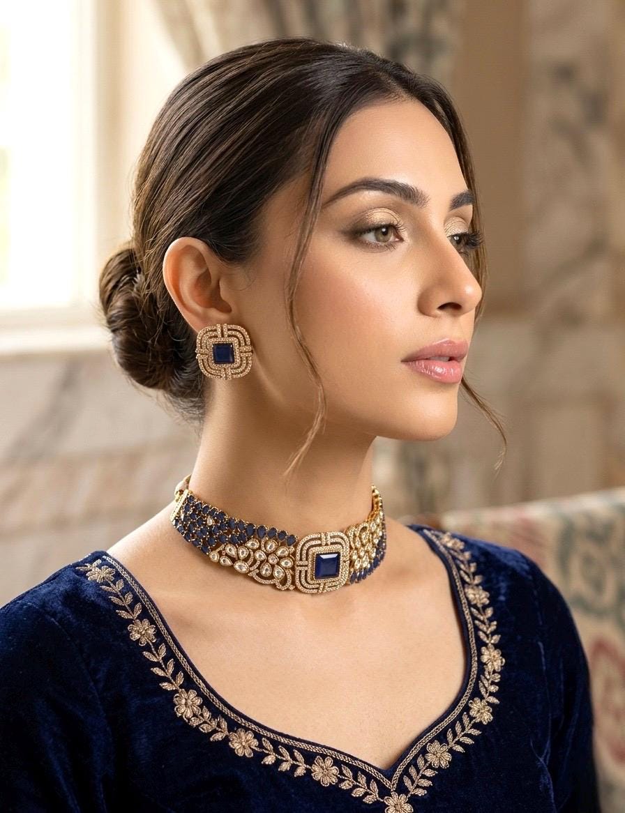 SHAZA navy blue kundan choker set in matt gold polish ,cz Indian Pakistani wedding and festive jewelry