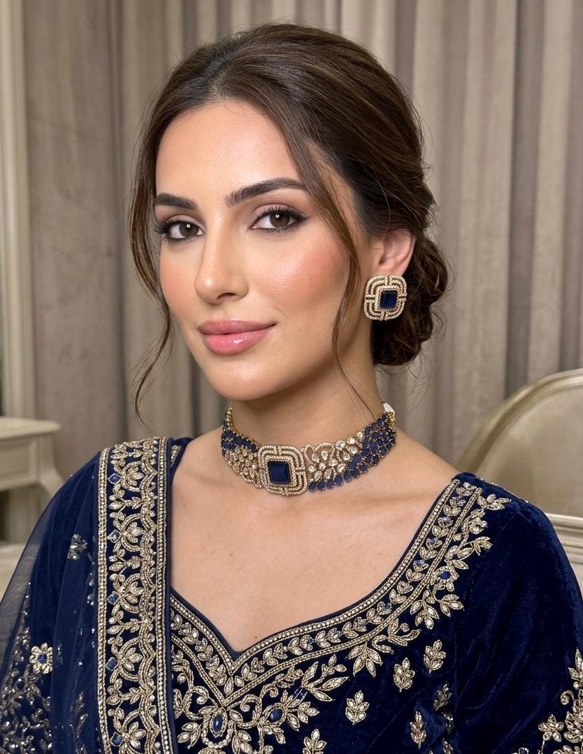 SHAZA navy blue kundan choker set in matt gold polish ,cz Indian Pakistani wedding and festive jewelry