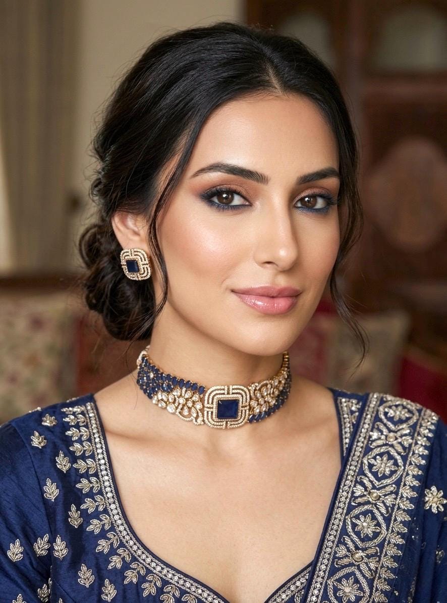 SHAZA navy blue kundan choker set in matt gold polish ,cz Indian Pakistani wedding and festive jewelry