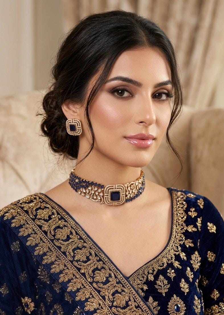 SHAZA navy blue kundan choker set in matt gold polish ,cz Indian Pakistani wedding and festive jewelry