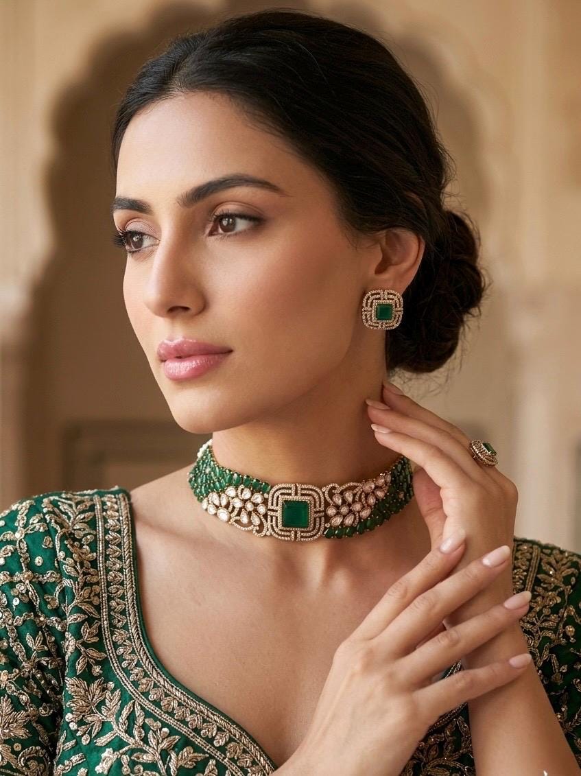 SHAZA Emerald green kundan choker set in matt gold polish ,cz Indian Pakistani wedding and festive jewelry