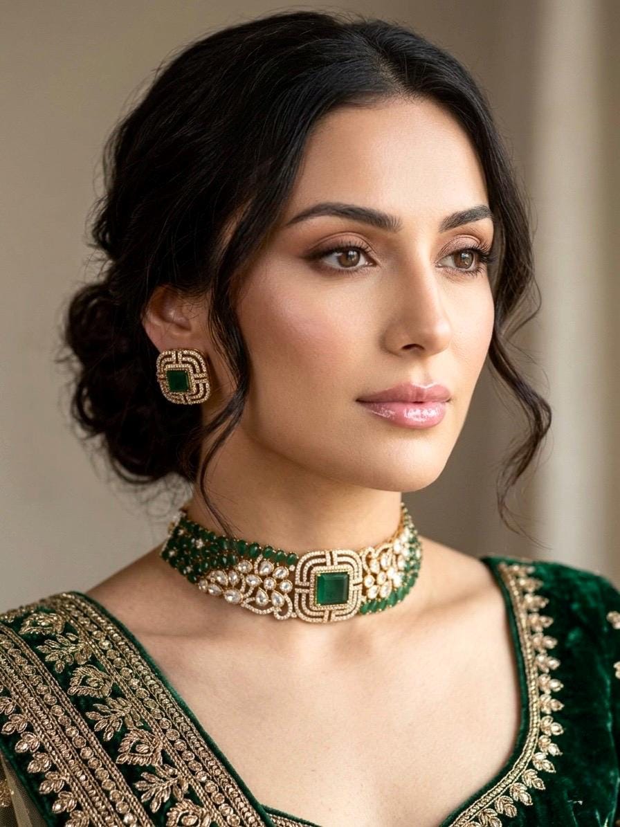SHAZA Emerald green kundan choker set in matt gold polish ,cz Indian Pakistani wedding and festive jewelry