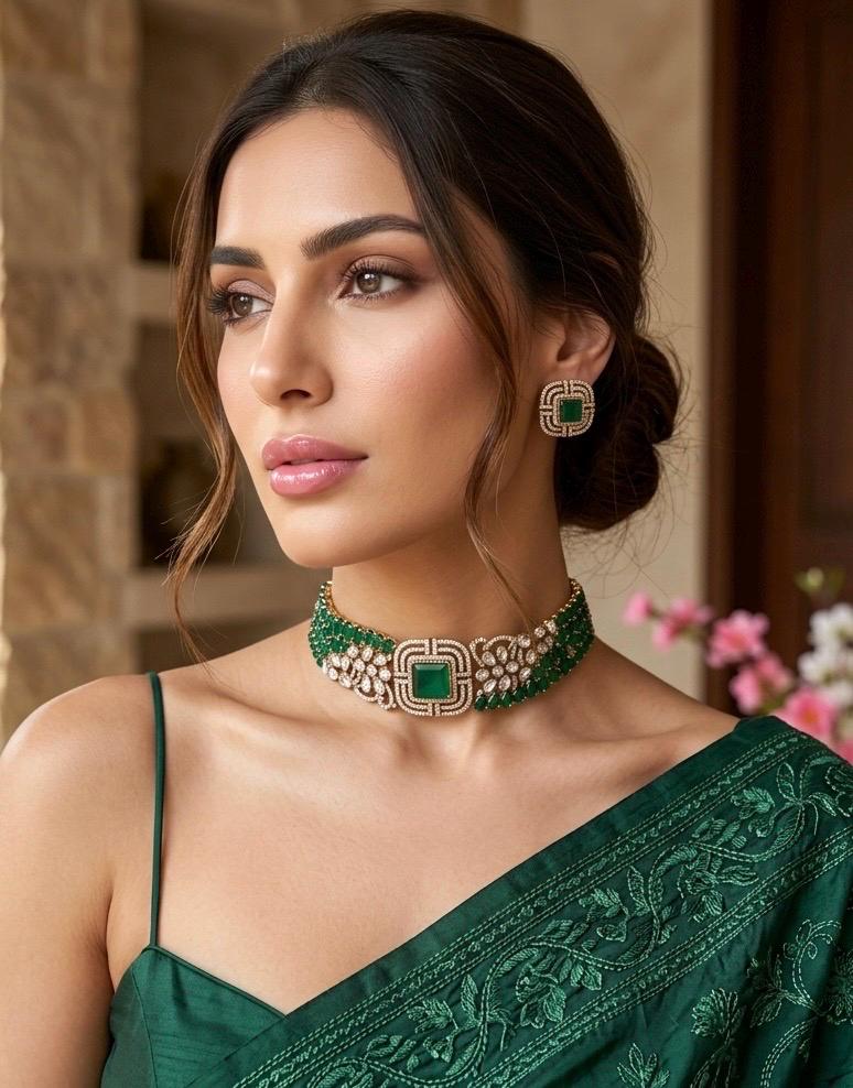 SHAZA Emerald green kundan choker set in matt gold polish ,cz Indian Pakistani wedding and festive jewelry