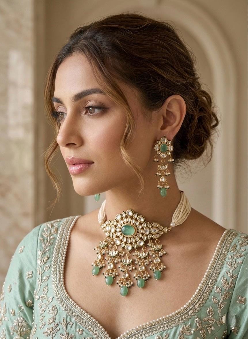 NASRIN Sabyasachi inspired Mint green Fusion Kundan choker set, necklace set, indian wedding Rajwada jewelry/ pakistani jewelry