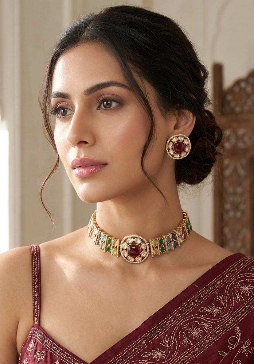 KAYNA Multicoloured kundan choker necklace set,Indian Pakistani Navratna traditional and festive jewelery