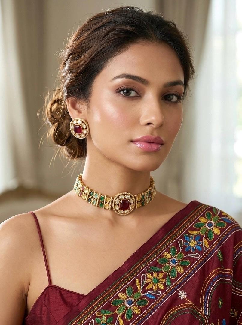 KAYNA Multicoloured kundan choker necklace set,Indian Pakistani Navratna traditional and festive jewelery