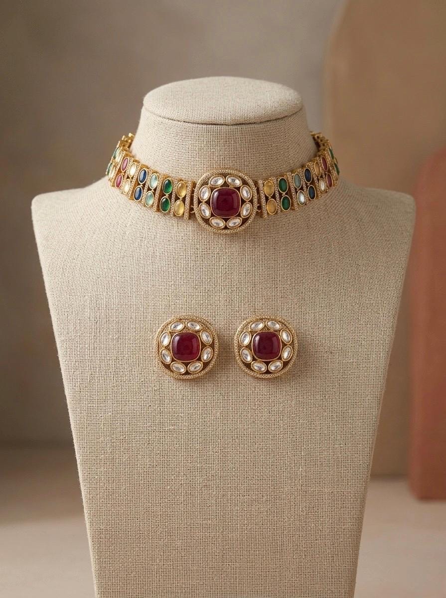 KAYNA Multicoloured kundan choker necklace set,Indian Pakistani Navratna traditional and festive jewelery