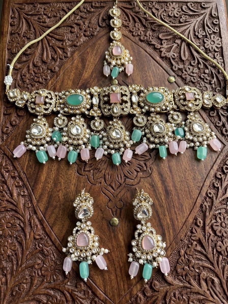 MAAHI Pink mint kundan choker necklace set with maangtika, Indian Pakistani pink mint colour wedding bridal and festive jewelery