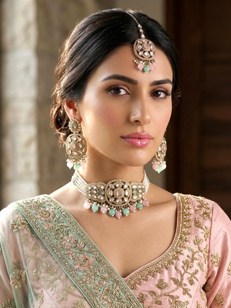 PRISHA Mint pink choker set with maangtika in antique golden polish,Indian Pakistani kundan and moissanite replica festive jewelry
