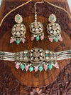 PRISHA Mint pink choker set with maangtika in antique golden polish,Indian Pakistani kundan and moissanite replica festive jewelry